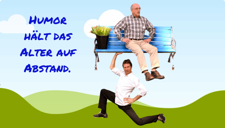 Ein Mann hebt eine Parkbank mit einem Senior darauf hoch, während beide in einer witzigen Szene posieren. Die Situation wirkt übertrieben und spielerisch und zeigt, wie Humor im Alter körperliche Grenzen mit Leichtigkeit überspielt. Das Bild vermittelt Spass, Lebensfreude und eine Prise absurden Humors im Alltag älterer Menschen.