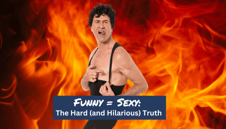 Ein Mann in einer humorvollen, leicht absurden Pose vor einer Feuerkulisse – Symbolbild dafuer, dass Humor macht attraktiv und sofort Aufmerksamkeit erzeugt.