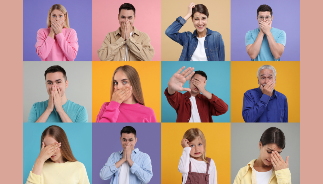 Mehrere Personen reagieren mit verlegenen Gesten wie Hand vor dem Gesicht oder Stirnrunzeln. Genau diese Reaktionen motivieren viele dazu, ihr Lachen verbessern zu wollen.